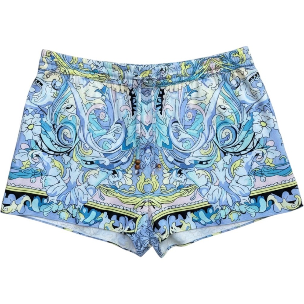 Akira Women 1X Blue Crazy is Good‎ Print Elastic Waist Beaded Drawstring Shorts